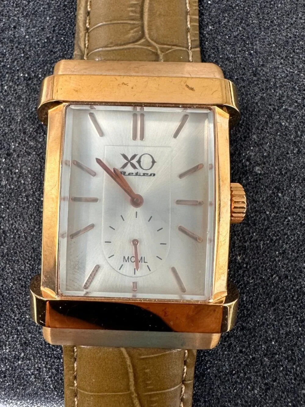 XO Retro MCML Watch Mens Rose Gold Tone Green Leather Band New Battery 9.5
